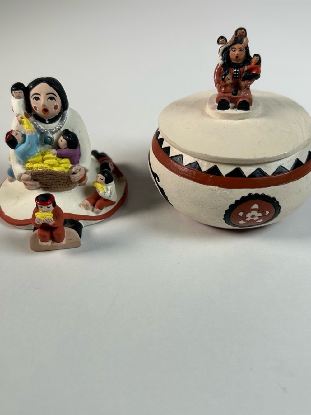 Native American Pueblo Storyteller Trinket Figurine & Cochiti Pottery Bowl Lid